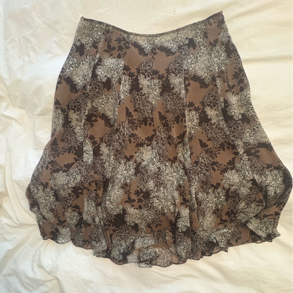 Vintage VTG Christopher & Banks Brown Floral Ruffle-Hem Skirt